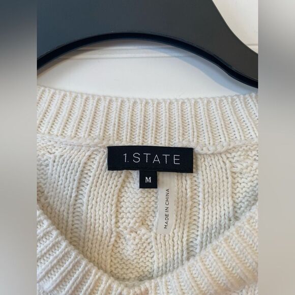 1. State Cable Knit Drop Shoulder Fringe Crop Sweater NWT Size Medium - Picture 2 of 7
